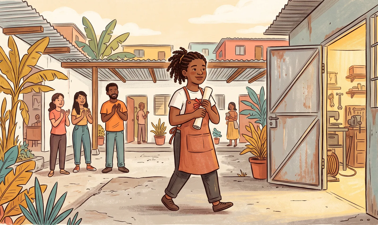 Ilustración: una joven egresada sale de un taller con su diploma mientras sus vecinos la aplauden
